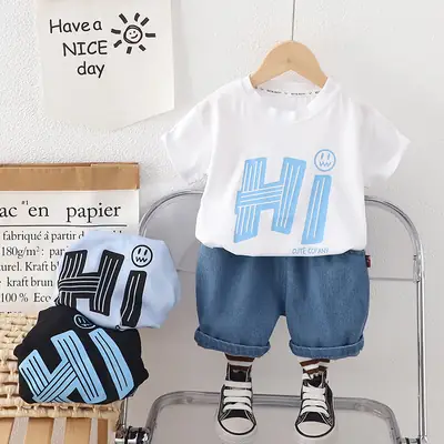 Children Cotton Letter Suit Black Blue Shorts Set