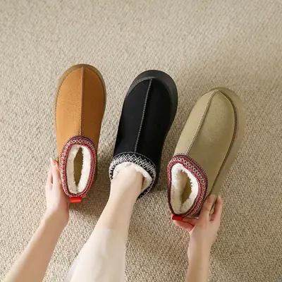 Cross-Border New Style Solid Color Faux Suede Patchwork Ethnic Slippers Thick-Soled Non-Slip Lightweight Warm Cotton Slippers for Women 2026