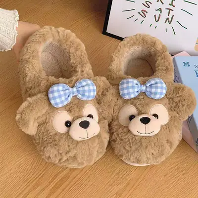 Source Factory Export Cotton Slippers for Women, Autumn and Winter Cute Bear Design, Thick-Soled, Non-Slip, Closed Heel, Fleece-Lined, Suitable for Outdoor and Home Use