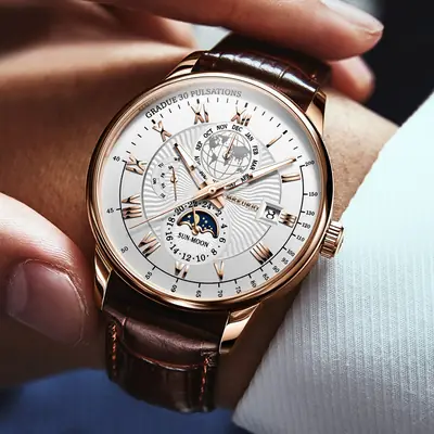Men's Star Moon Calendar Watch with Black Leather Band