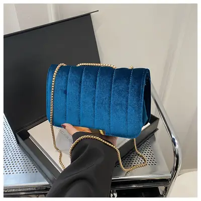 Black Velvet Crossbody Bag with Gold Chain for Women
