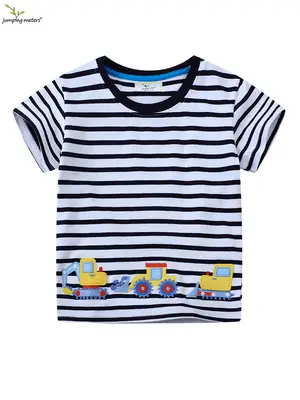 European & American Boys Striped T-Shirt with Excavator Print