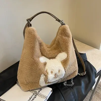 Vintage Black Rabbit Shoulder Bag for Women 2024 Winter
