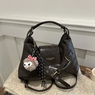 Brown Leather Women's Tote Bag with Metal Buckle
