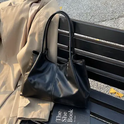Black Leather Tote Bag for Daily Commute & School