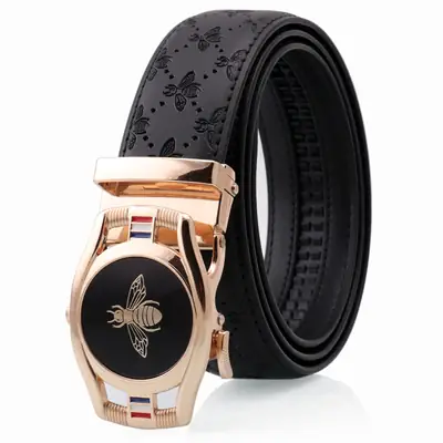 Hongsheng Bee Men's Genuine Leather Belt with Gold Buckle