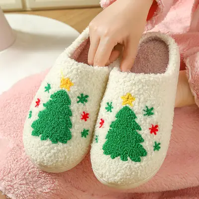 Cute Deer Embroidered Cotton Slippers for Women Winter Warm