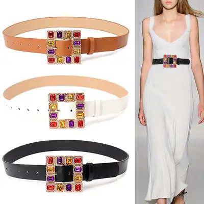 Color Diamond Square Buckle Belt for Women