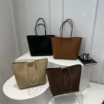 Large Capacity Soft Leather Tote Bag Beige 2024