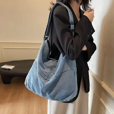 Washed Denim Crossbody Bag Large Capacity Korean Style