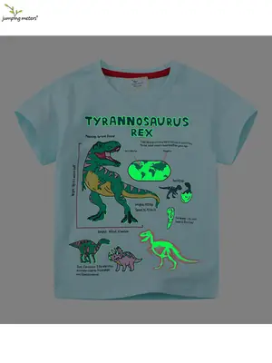 Boy's Cotton Dinosaur Shirt Light Blue Summer Round Neck