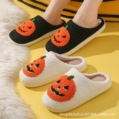 Halloween Pumpkin Skull Cotton Slippers Black Women