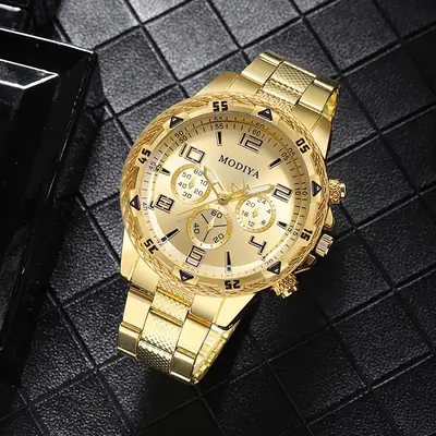 Men's Luxury 3- Eye Steel Band Watches Blue Glass Gold Chain