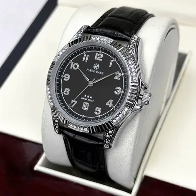 Men's Rhinestone Watch Black Leather Band Luxury Fashion