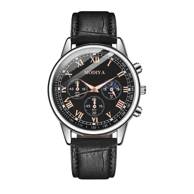 Men's Chronograph Watch Black Leather Band Quartz Movement