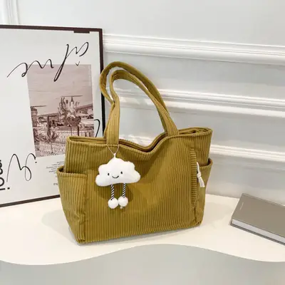 Women's Striped Velvet Shoulder Bag Autumn Winter Vintage Corduroy Large Capacity