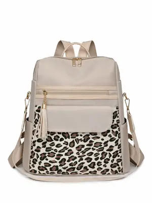 Women's Leopard Print Oxford Backpack Brown Large Capacity