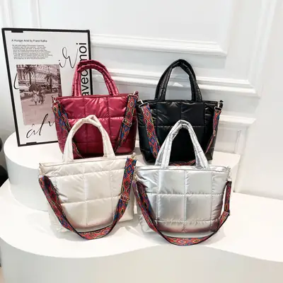 2024 Women's Black Puffer Tote Bag with Embroidered Strap