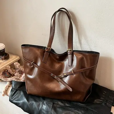 Black Leather Tote Bag for Women Autumn Winter 2025