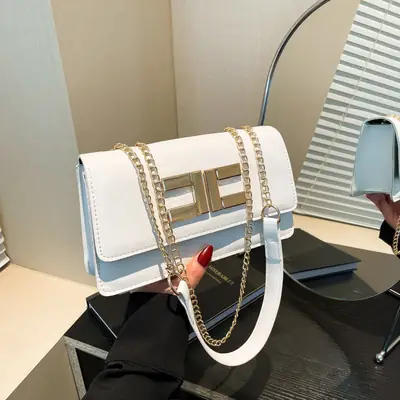 White Leather Chain Shoulder Bag for Women 2024