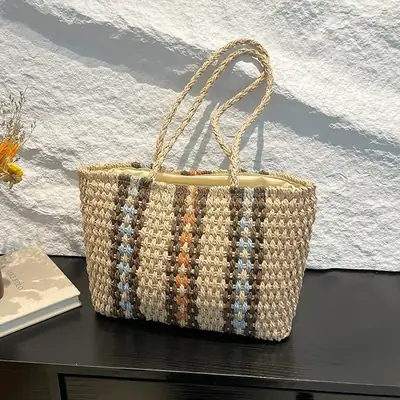 Handwoven Straw Bag with Red Blue Beads for Women