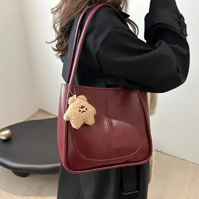 2025 Winter Textured Shoulder Tote Bag with Flower Decor