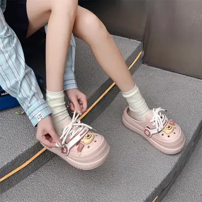 Hole Shoes Women's Summer Non-slip Height-increasing Thick Slippers for Outer Wear Beach Cute Bear Deodorant EVA Dung-feeling Sandals