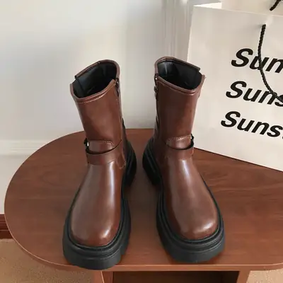 Women's Brown Thick-Soled Mid-Calf Boots Winter Cowboy Style