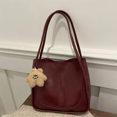 Brown Leather Shoulder Tote Bag with Teddy Bear Charm