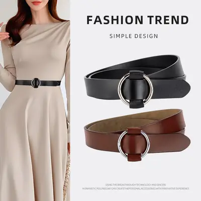 Women's Korean Belt Black Genuine Leather Round Buckle