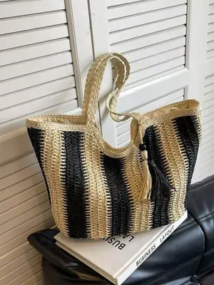 Women's Striped Straw Shoulder Bag Large Capacity Tote