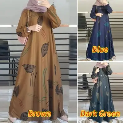 In-Stock Cross-Border New Style Printed Malay Dress with Full Sleeves and Round Neck, Long Gown, Factory Wholesale