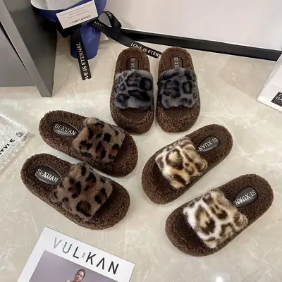 Thick Bottom Leopard Print Mao Mao Slippers Women's 2024 Autumn and Winter New Internet Celebrous Hot Style Soft Bottom Home Cotton Slippers