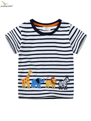 2026 Kids Striped T-Shirt with Giraffes and Zebra Print