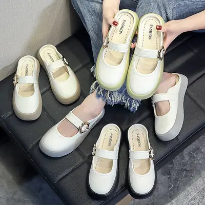 Women's White Rubber Lazy Slip-on Sandals with Gold Buckle