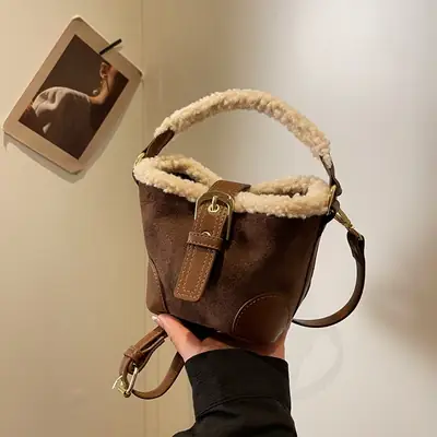 Lamb Wool Mini Bucket Bag Maillard Suede Vintage