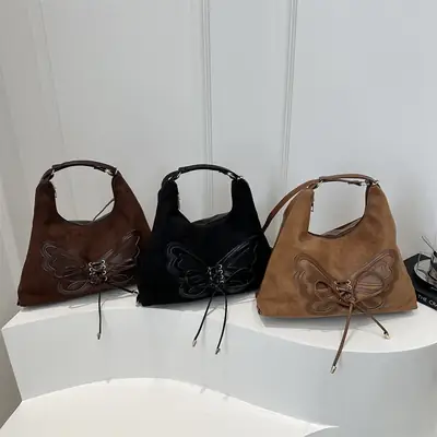 Women's Butterfly Embroidered Brown Tote Bag