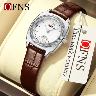 Oufani Women's Brown Leather Quartz Watch with Gold Dial