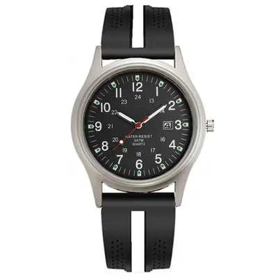 Men's Military Style Quartz Watch with Black Rubber Band