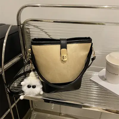 Vintage Blue Brown Bucket Bag for Women