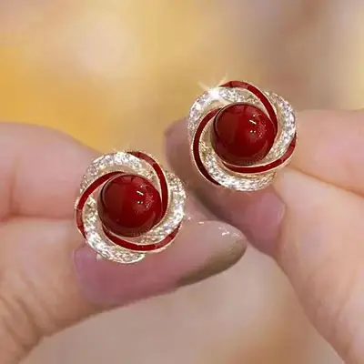 Autumn & Winter Red Bead Ear Stud Earrings S925 Silver