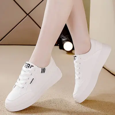 Women's White Leather Sneakers with Thick White Sole