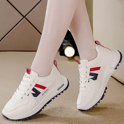 Women's White Crossbody Shoes with Red Stripe Design