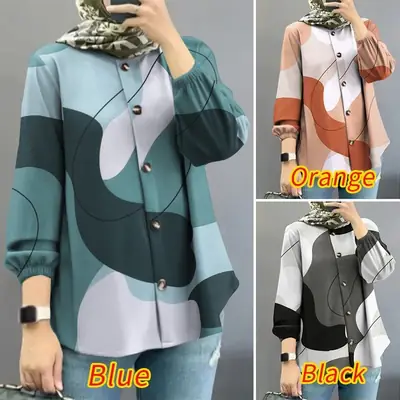 Women Muslim Floral Puff Sleeve Shirt Brown Beige
