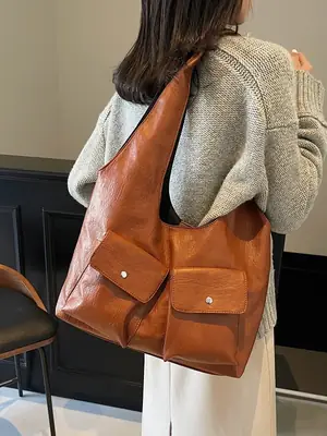 Black Leather Retro Shoulder Bag for Women 2024