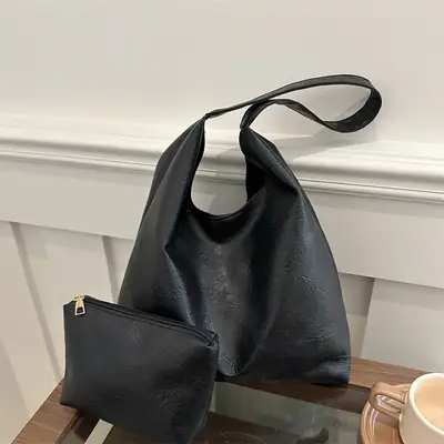 Black 2-Piece Shoulder Tote with Zipper Compartment
