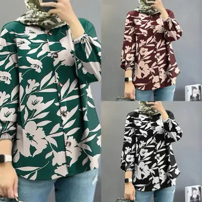 Women Muslim Floral Puff Sleeves Green White