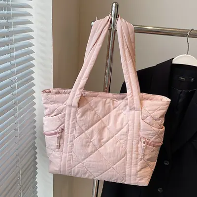 Women's Quilted Nylon Shoulder Bag Large Capacity Tan