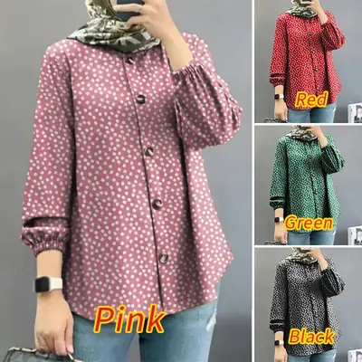 Women Muslim Floral Puff Sleeve Shirt Red Green Black Pink