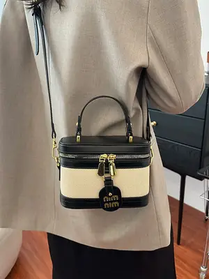 Retro Satchel Bag Black Beige Gold Zipper Handle